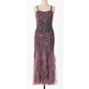 Badgley Mischka Silk Sequin Long Dress Purple Ruffle Hem Size 10